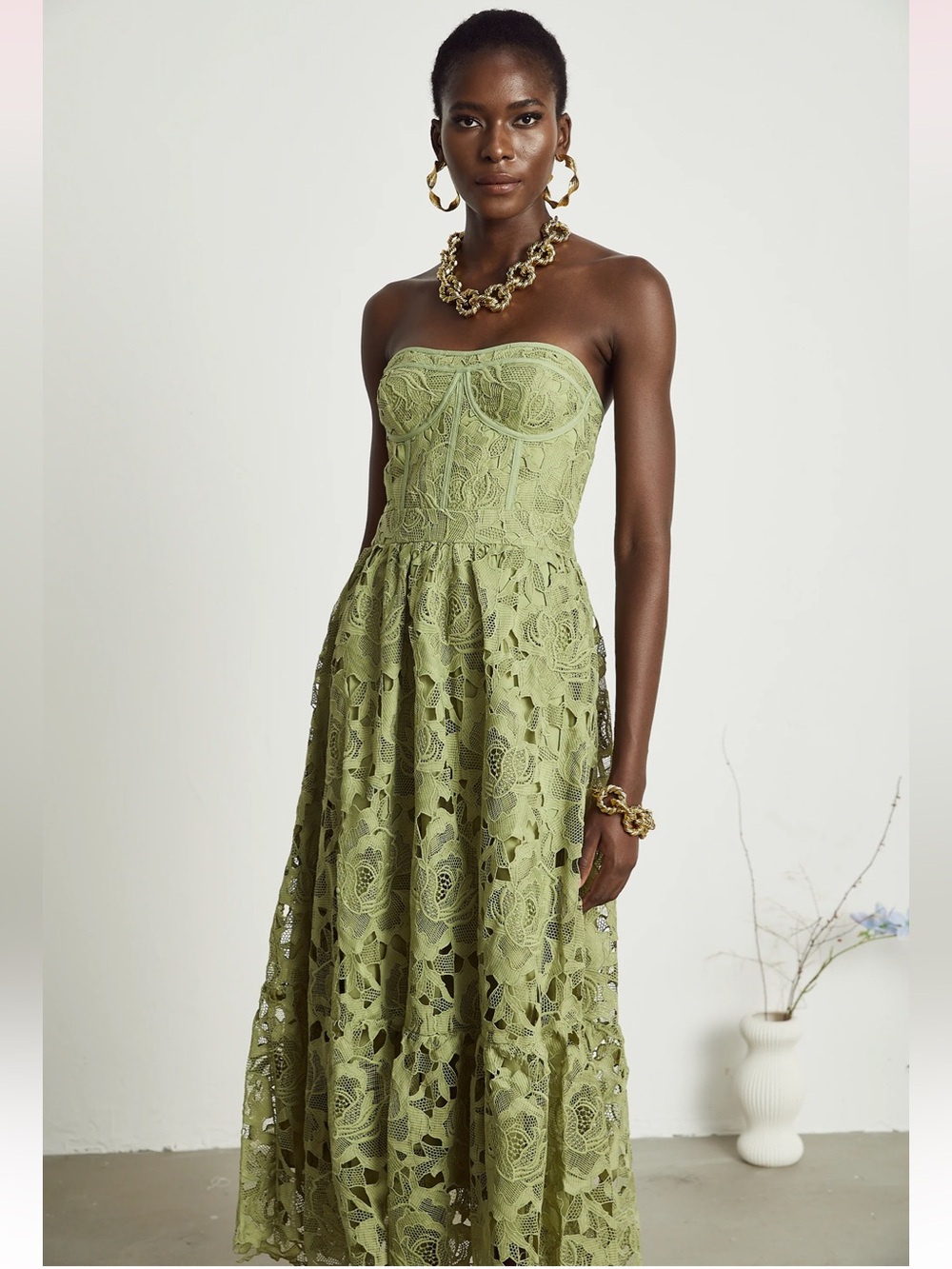 Miss Rosier Lace Floral Embroidered Midi Dress in Green
